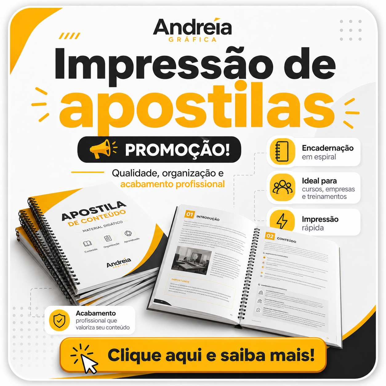 Promoção de impressão de apostilas — encadernação em espiral, ideal para cursos e treinamentos, clique e saiba mais