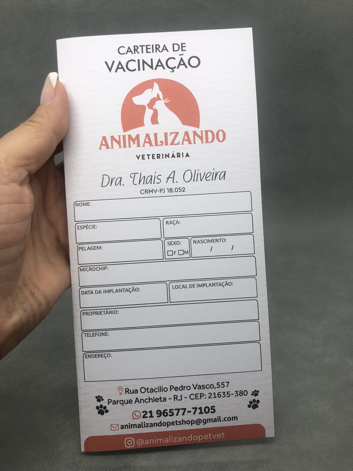 Carteira de vacinação personalizada para clínica veterinária