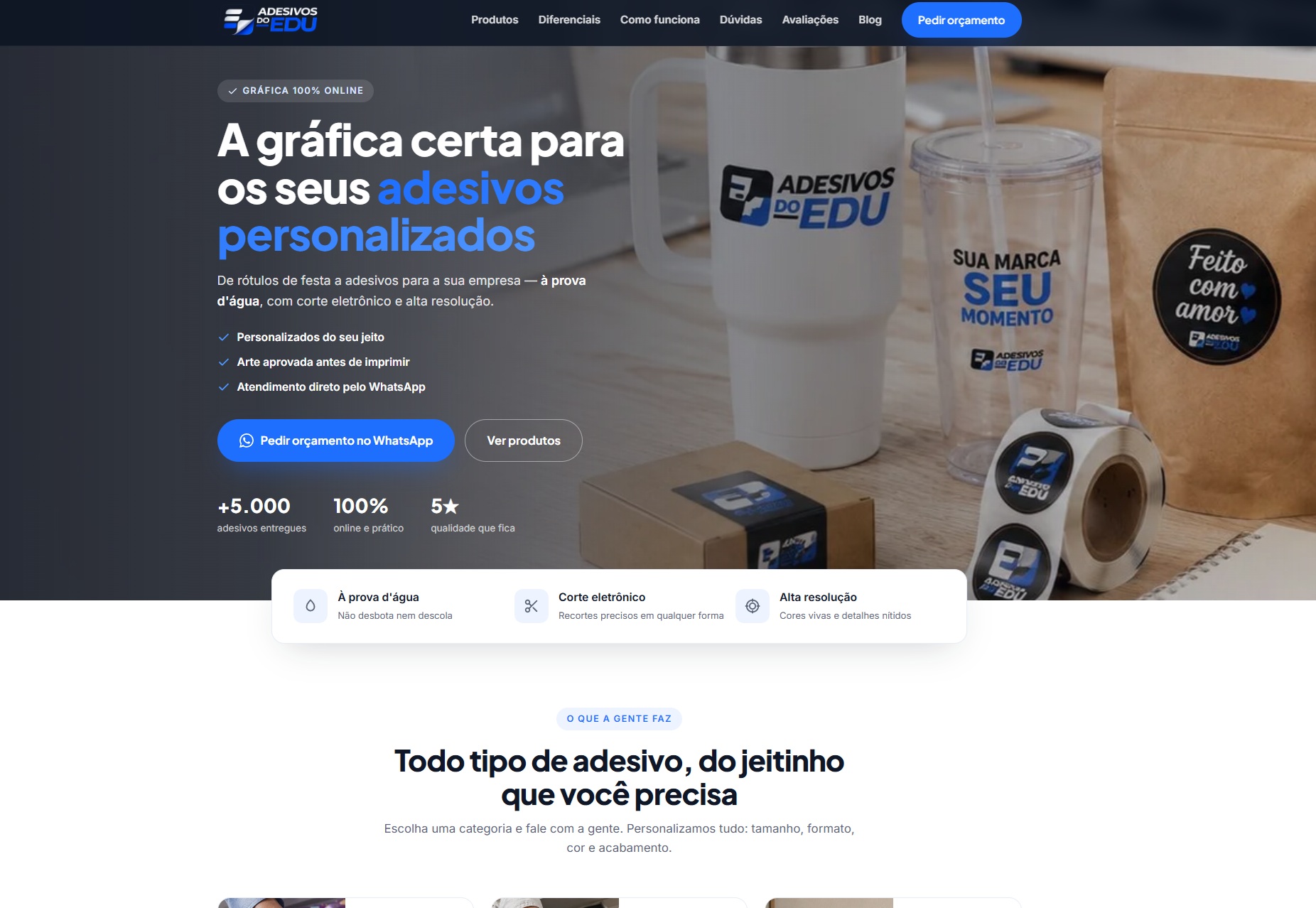 Site institucional da Adesivos do Edu, loja de adesivos personalizados para todo o Brasil
